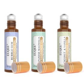 EUQEE 10ml Roll-On Fragrance Oil for Skin Sea Breeze White Musk Coconut & Vanilla Bubble Gum Green Tea Long Lasting Scent (Color: SY5646-C-3pcs, Net Contents: 10ml)