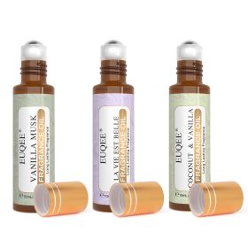 EUQEE 10ml Roll-On Fragrance Oil for Skin Sea Breeze White Musk Coconut & Vanilla Bubble Gum Green Tea Long Lasting Scent (Color: SY5646-D-3pcs, Net Contents: 10ml)